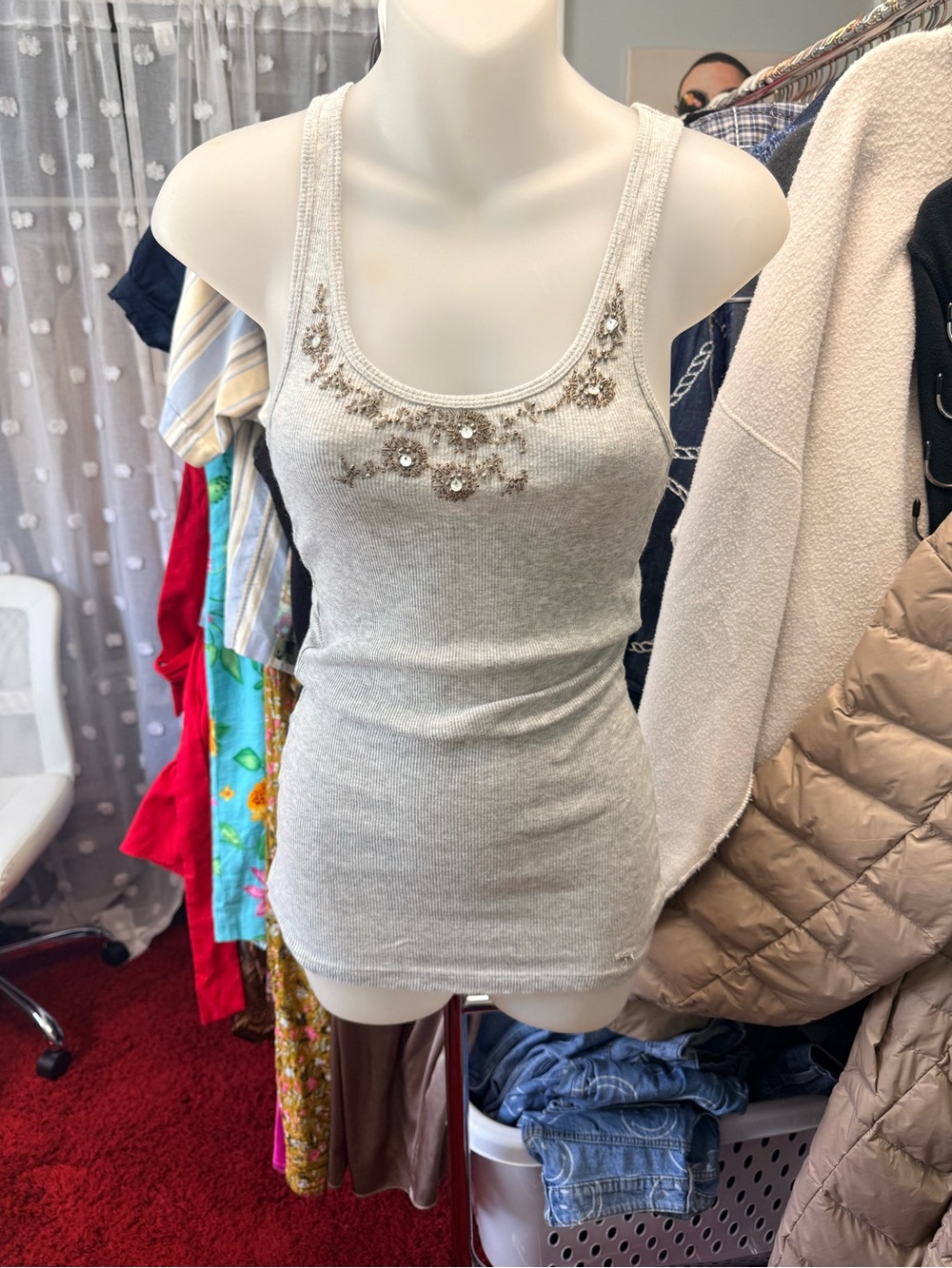 Y2K Vintage Abercrombie & Fitch Beaded Scoop Neck Knit Tank Top - Light Gray